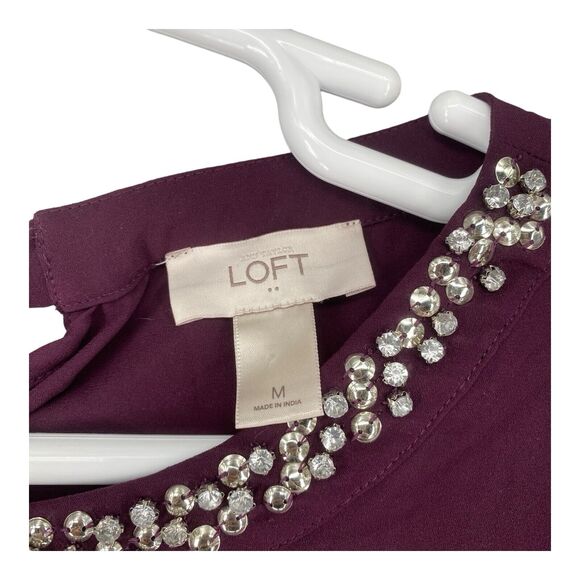 Loft Shirt Wine Long Sleeves Blouse Womens Boho Rhinestones Medium M - Picture 2 of 9